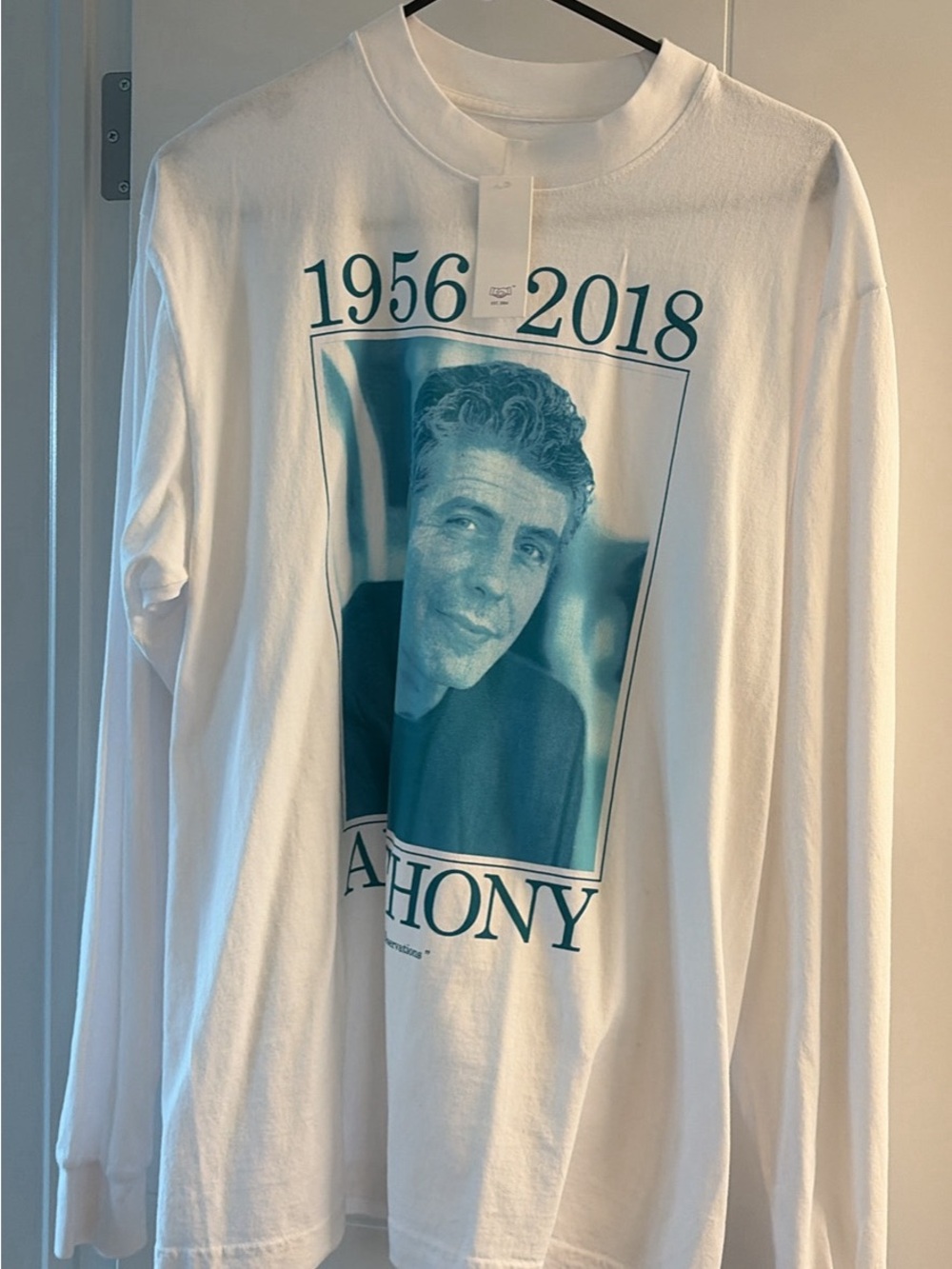 White Long-Sleeve Graphic Tee with Teal Portrait Print - Anthony Tribute